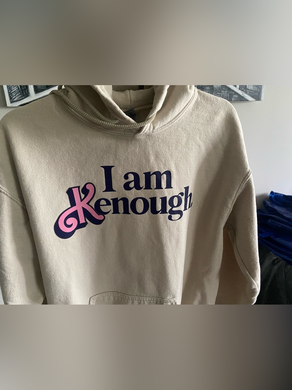 Barbie Movie Gildan Cream Hoodie with Pink & Navy "I Am Kenough" Graphic M